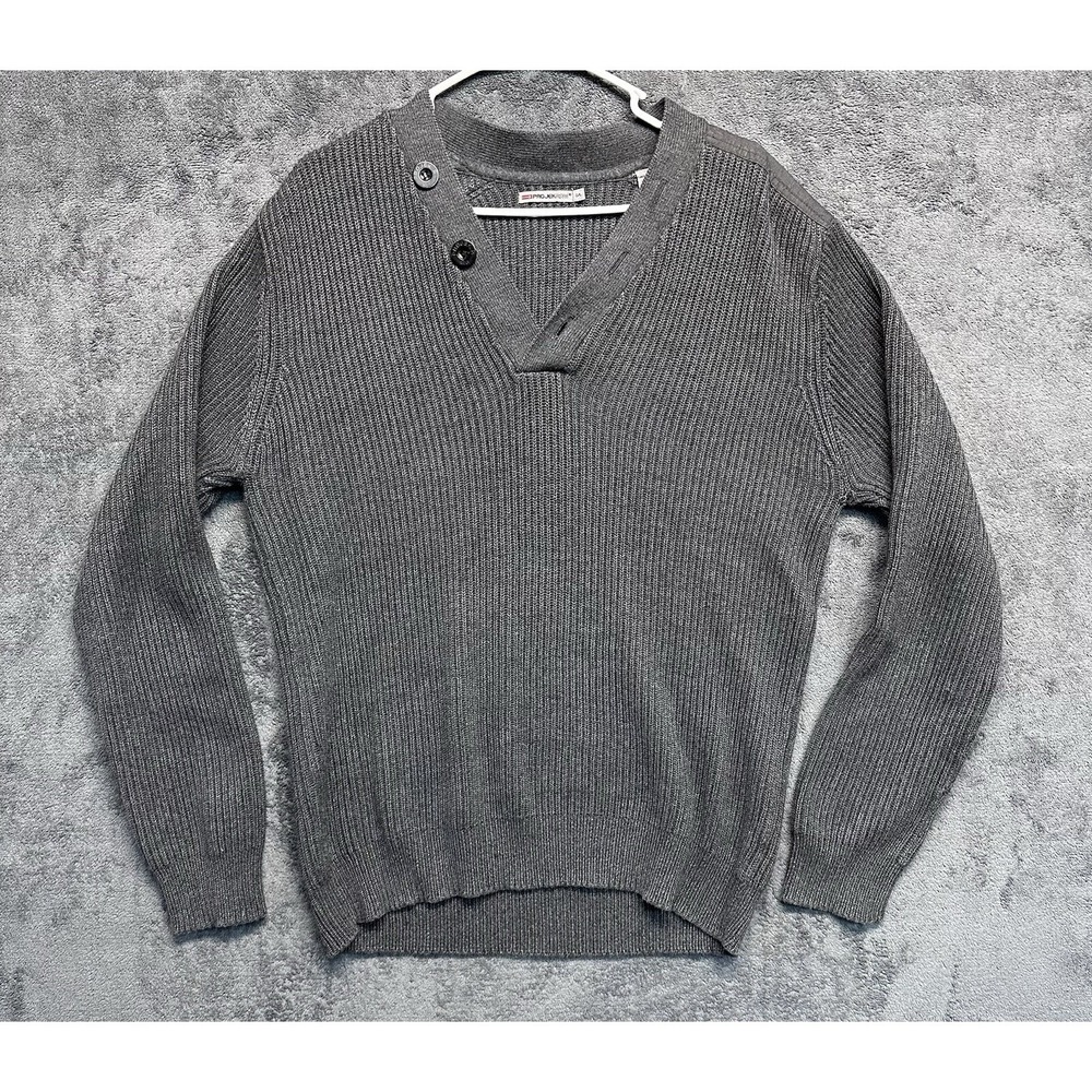Y2K Projek Raw Sweater Mens Large Gray Heavy Knit Henley V Neck Ribbed Cardigan